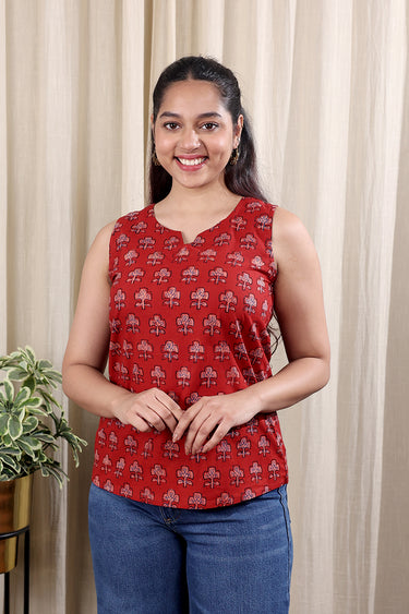 Rust Dhabu Cotton Women Short Top Sleeveless WSTSL252C68