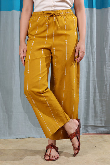 Ochre Yellow Stripes Dobbby South Cotton Women Flared Pant