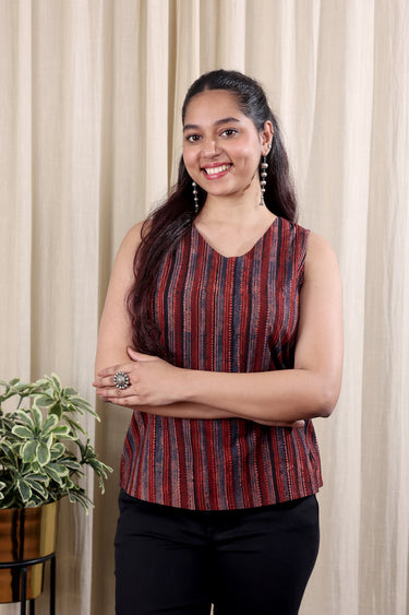 Black Ajrakh Cotton Women Short Top Sleeveless WSTSL252C105