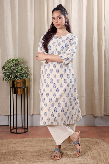 Indigo Bagru Cotton Flax Women Long Kurta Long Sleeves WLKLS251C139