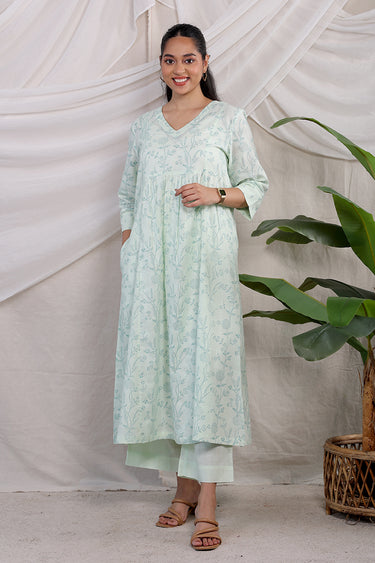 Pastel Green Sanganeri Cotton Dobby Women Long Kurta