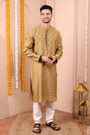 Brown Jaquard Banarasi Silk Men Long Kurta Full Sleeves MLKFS252C32