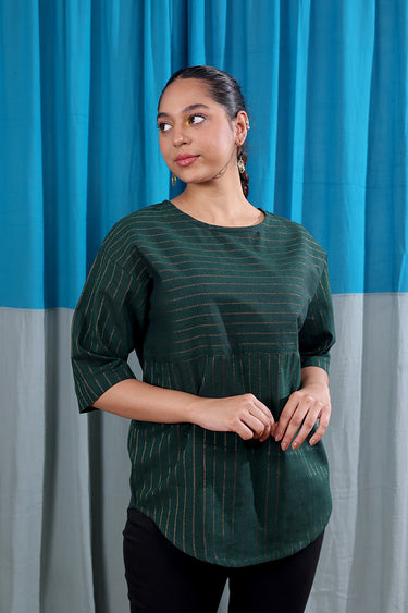 Forest Green Sttripes Zari South Cotton Women Kurti Long Sleeves WKILS122512