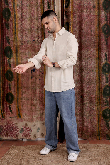 Ivory Hand Dyed Cotton Linen Men Shirt Full Sleeves MSHFS251C19