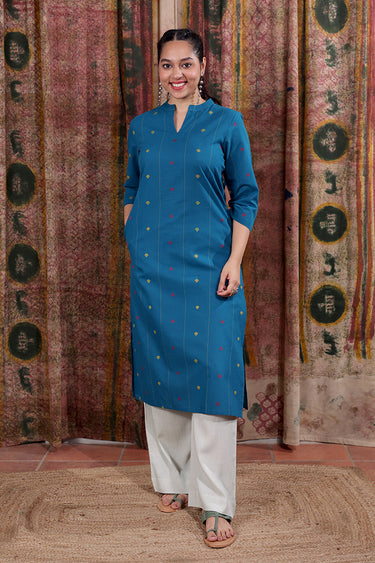 Teal Blue Dobby Buti South Cotton Women Long Kurta