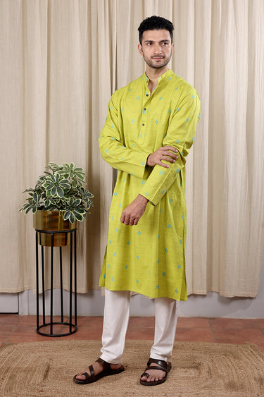 Lime Green Dobby South Cotton Men Long Kurta Full Sleeves MLKFS252C9