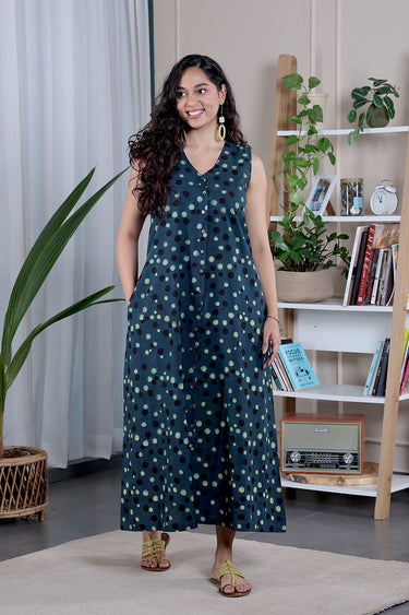 Green Ajrakh Cotton Women Maxi Dress