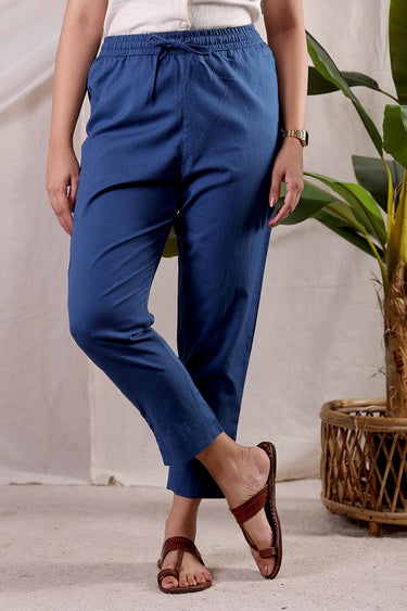 Indigo Dyed Cotton Flax Women Ankle Pant