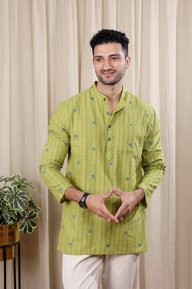 Fall Green Dobby Stripes South Cotton Men Short Kurta Full Sleeves MSKFS252C49