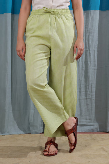 Muted Lime Stripes South Cotton Women Flared Pant