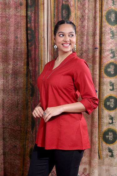 Red Hand Dyed Cotton Viscose Blend Women Kurti Long Sleeves WKILS253C53