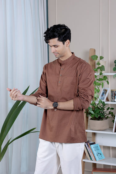 Dark Brown Dyed Cotton Misdent Men Short Kurta