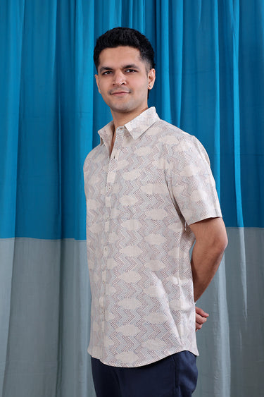 Purple Blue Sanganeri Natural Cotton Linen Men Shirt