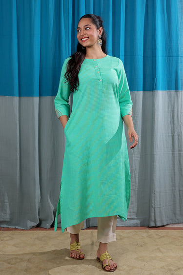 Mint Green Hand Embroidery South Cotton Women Long Kurta Long Sleeves WLKLS01265
