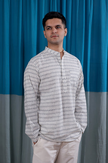 Steel Grey Sanganeri Natural Cotton Linen Men Short Kurta