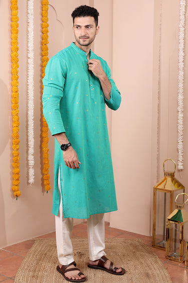 Green Gold Butti South Cotton Men Long Kurta Full Sleeves MLKFS252C30