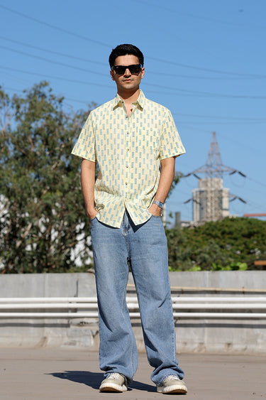 Pastel Yellow Sanganeri Natural Cotton Linen Men Shirt