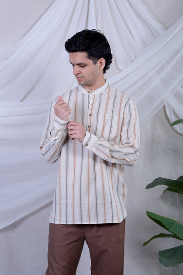 Grey Brown Stripes Natural Cotton Linen Men Short Kurta