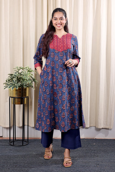 Indigo Hand Embroidery Dhabu Cotton Women Long Kurta Long Sleeves WLKLS252C94