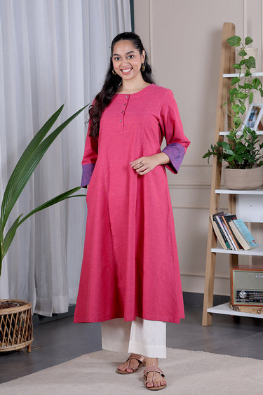 Rose Pink Hand Embroidery Fine Cotton Women Long Kurta