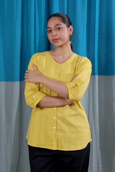 Mustard Yellow Dobby Stripes Natural Cotton Linen Women Kurti