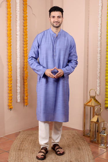 Midnight Blue Mukaish Work Silk Viscose Slub Men Long Kurta Full Sleeves MLKFS252C41