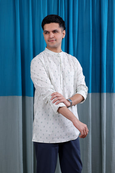 Frost Grey Sanganeri Natural cotton Linen Men Short Kurta