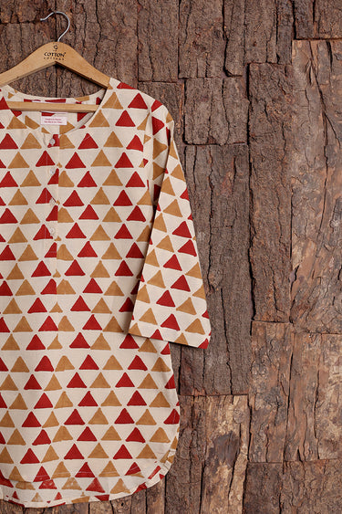 Red Brown Bagru Cotton Flax Women Kurti Long Sleeves WKILS253C78