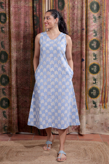 Blue Sanganeri Natural Cotton Linen Women Midi Dress