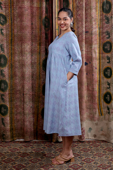 Blue Purple Sanganeri Cotton Blend Women Midi Dress Long Sleeves WDRLS253C2