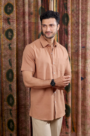 Cool Brown Hand Dyed Cotton Linen Men Shirt Half Sleeves MSHHS252C50