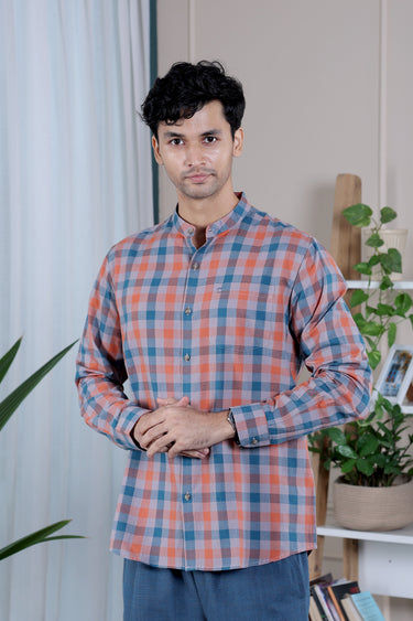 Orange Teal Checks South Cotton Men Shirt