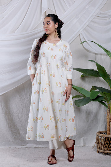 Peach Yellow Sanganeri Cotton Dobby Women Long Kurta