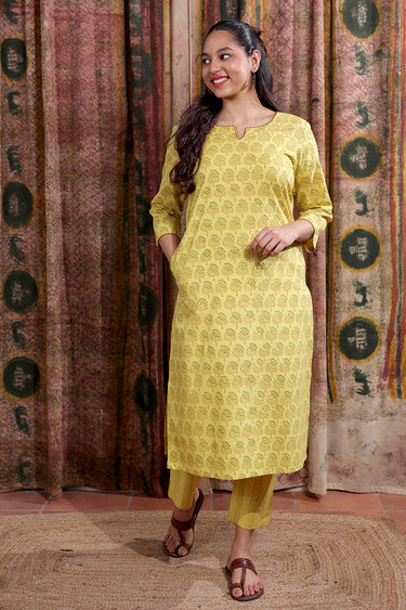 Yellow Bagru Cotton Dobby Women Long Kurta