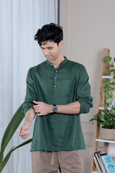 Bottle Green Dyed Lyocell Linen Men Short Kurta