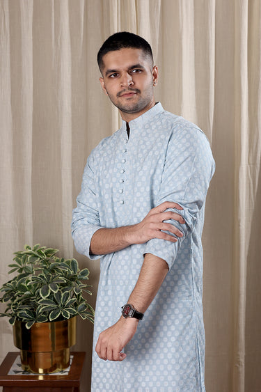 Powder Blue Jaquard Banarasi Art Silk Men Long Kurta Full Sleeves MLKFS251C19