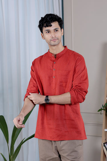 Brick Red Dyed Lyocell Linen Men Short Kurta
