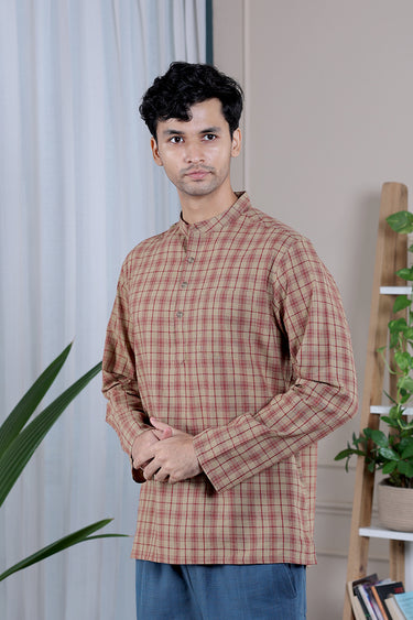 Dark Beige Checks South Cotton Men Short Kurta