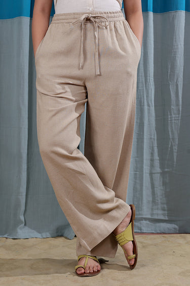 Beige Dyed Viscose Linen Women Wide Leg Pant WWLPT253C3