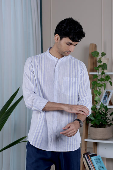 Lilac Stripes Natural Cotton Linen Men Shirt