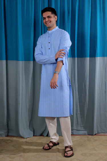 Powder Blue Dobby Checks Natural Cotton Linen Men Long Kurta Full Sleeves MLKFS122517