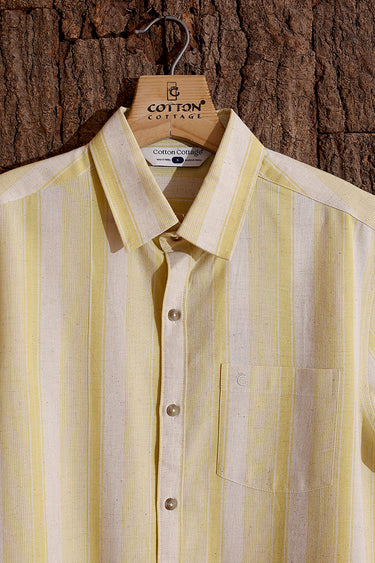 Yellow Stripes Cotton Linen Men Shirt Half Sleeves MSHHS253C5