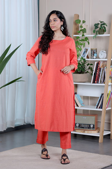 Dark Coral Dyed Classic Cotton Linen Women Long Kurta