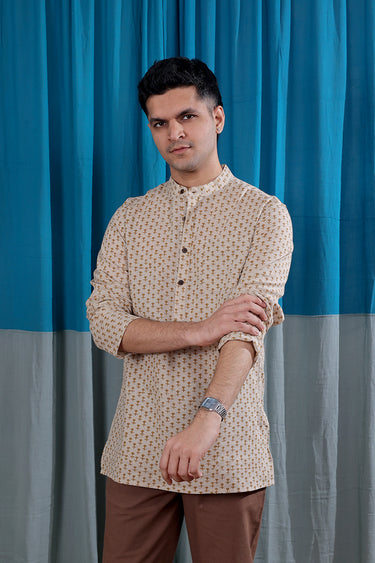 Russet Brown Sanganeri Natural Cotton Linen Men Short Kurta
