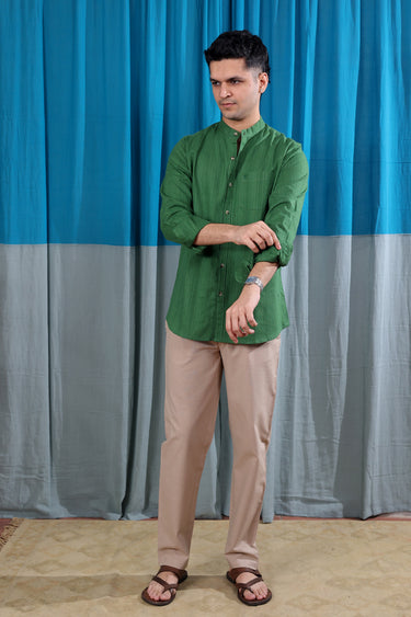 Forest Green Dobby Stripes Natural Cotton Linen Men Shirt Full Sleeves MSHFS12252