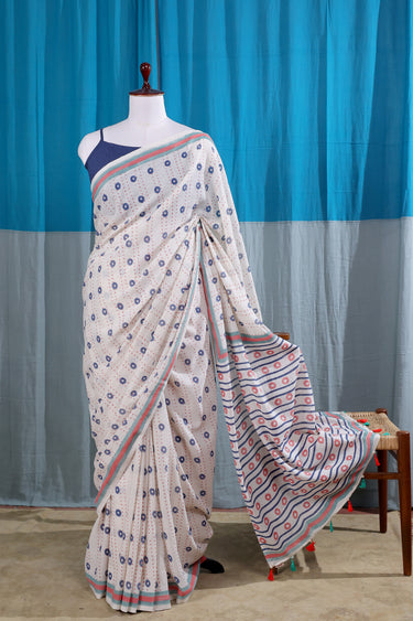 Blue Peach Sanganeri Mul Cotton Linen Saree