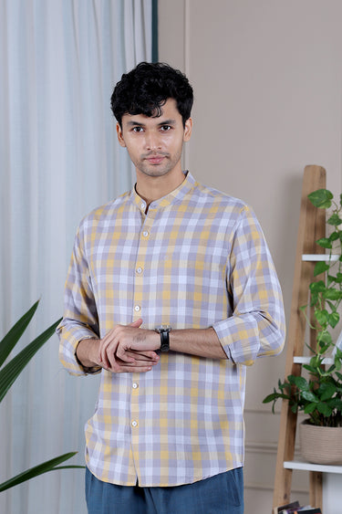Yellow Grey Checks South Cotton Men Shirt
