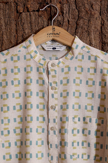 Teal Blue Sanganeri Cotton Linen Men Short Kurta Full Sleeves MSKFS253C2