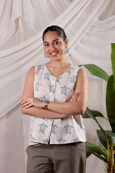 Lucy Sky Blue Sanganeri Natural Cotton Linen Women Short Top