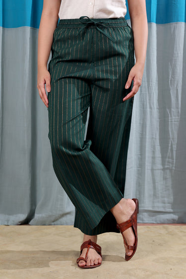 Forest Green Stripes Zari South Cotton Women Flared Pant